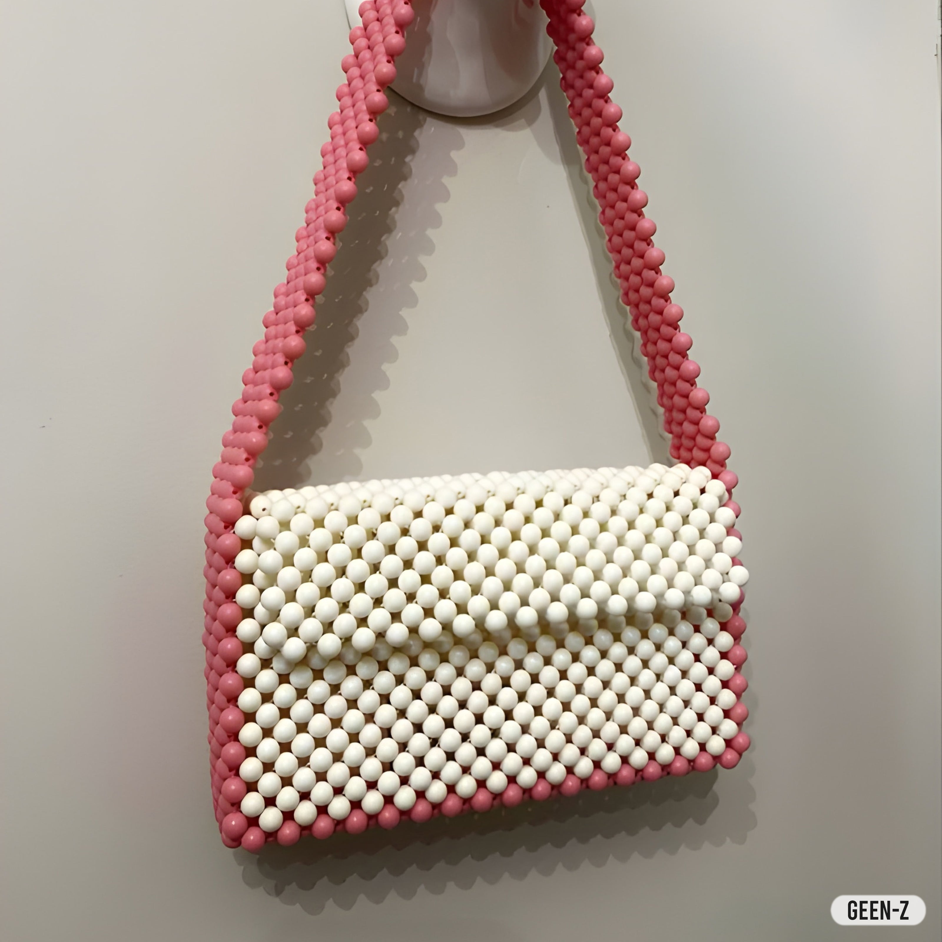 Dual-Tone Bead Bag – Pink & Ivory Handmade Tote