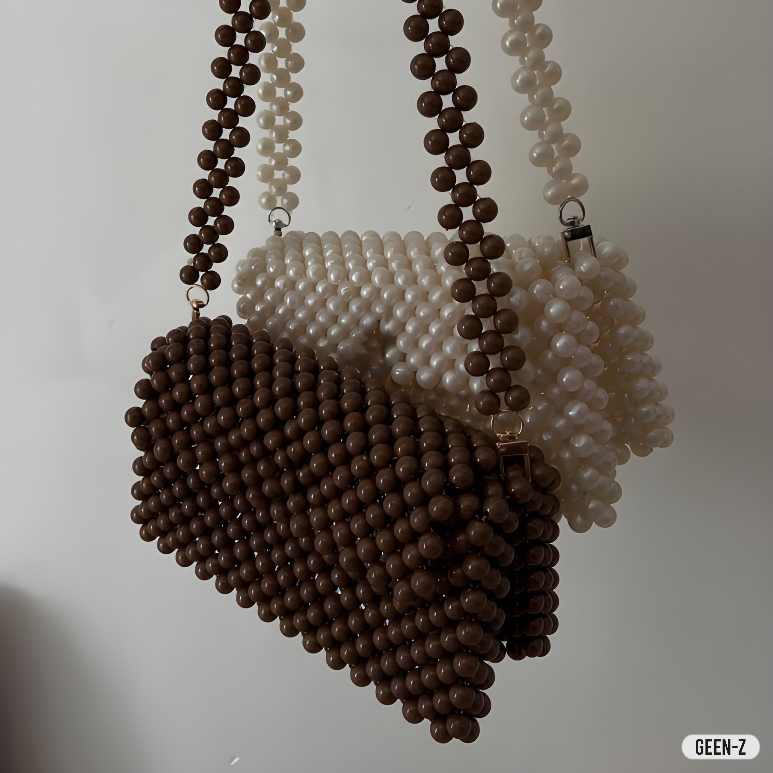 Dual Bead Shoulder Bag – Classic Brown & Pearl White