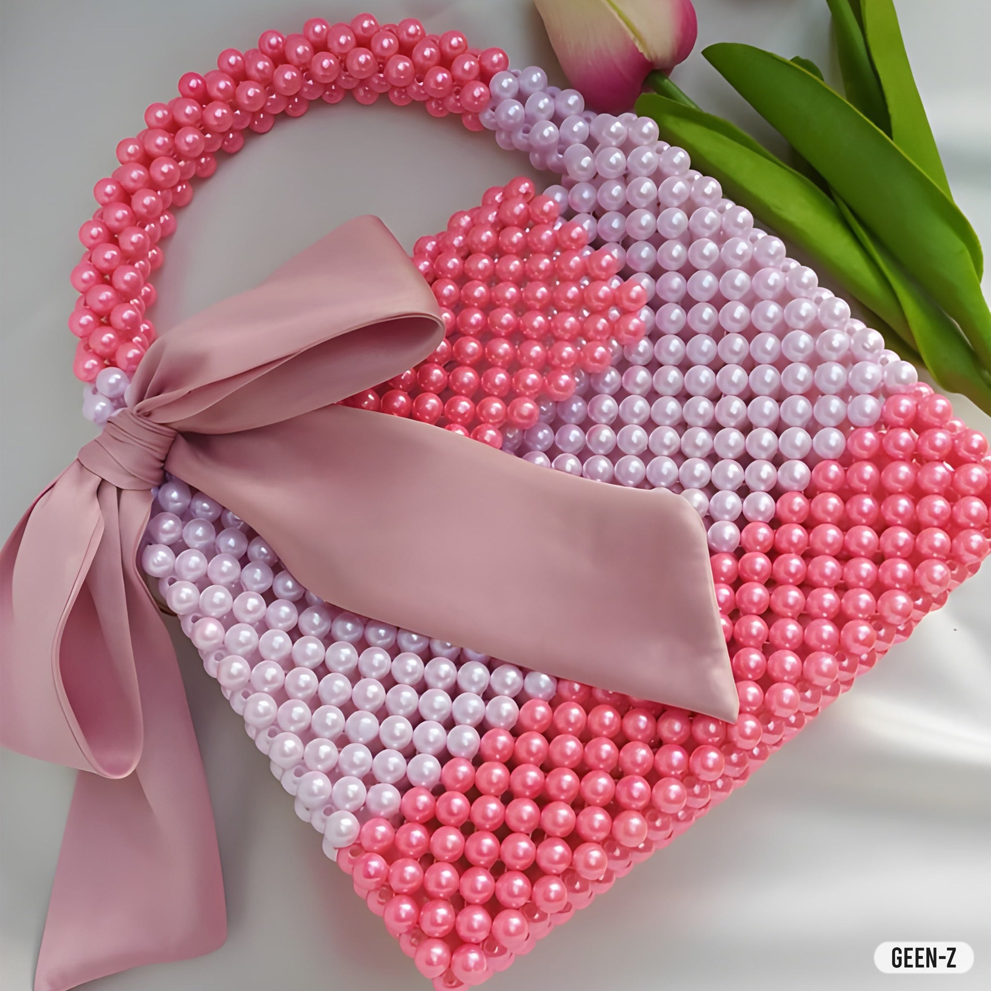  Geenzy Pink Pearl Beaded Handbag with Satin Bow – Premium Handmade